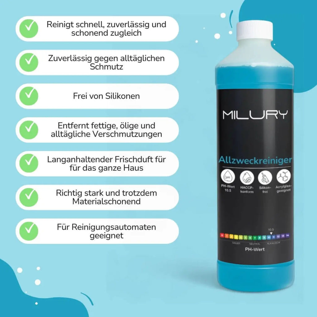 Eine transparente blaue flasche mit weißem verschluss und schwarzem etikett milury allzweckreiniger im milury power trio reinigungsset