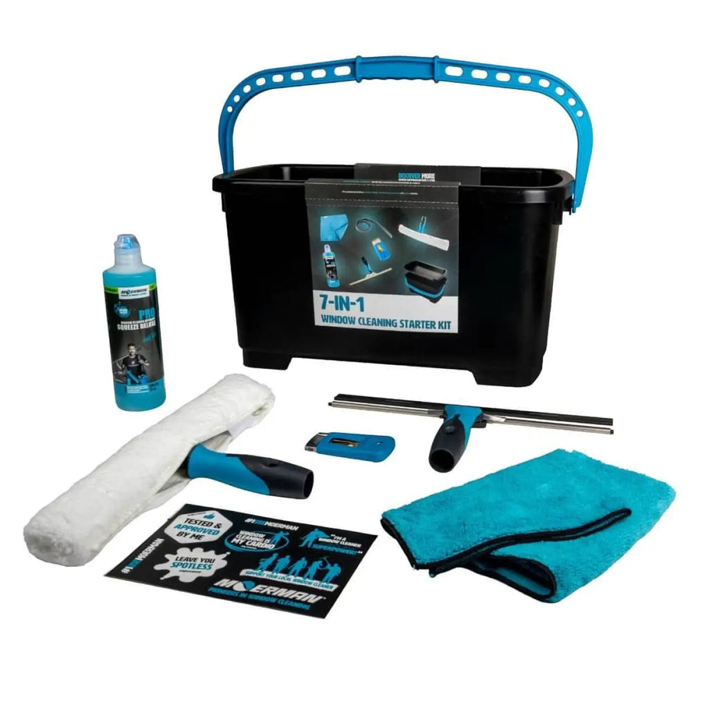 Moerman 7-in-1 fensterreinigungs-starterkit in blau und schwarz mit abzieher, mikrofaser, roller, schaber und reinigerflasche