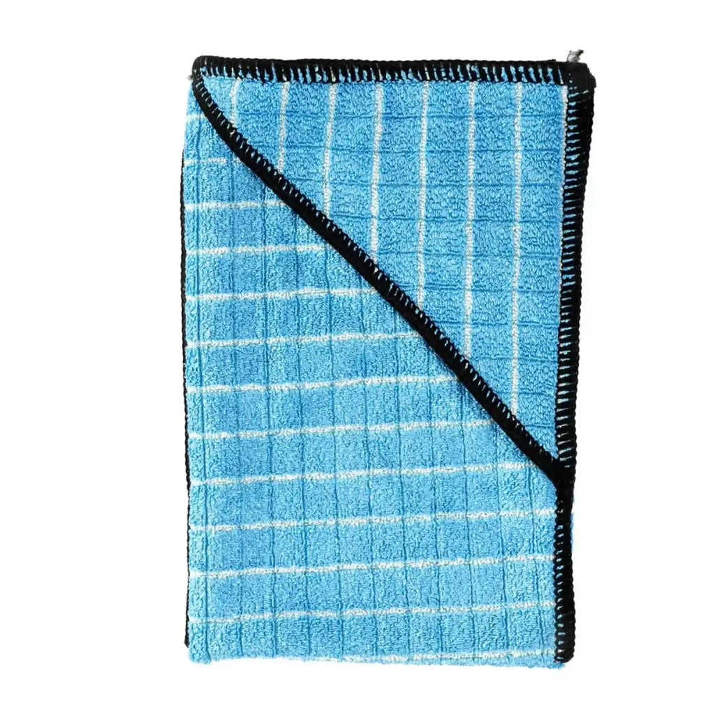 Moerman bambus reinigungstuch 60x40cm aus hellblauem mikrofaser mit weißem karomuster und schwarzen nähkanten