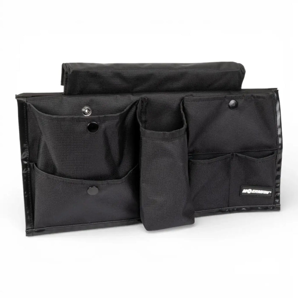 Schwarzer moerman bucket organizer werkzeugtasche aus mesh mit mehreren taschen und druckknöpfen und kleinem markenlabel