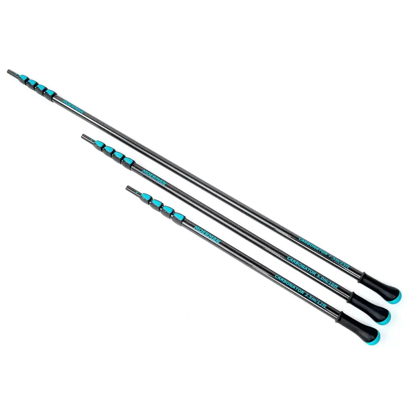 Drei schwarze carbon teleskopstangen mit türkisfarbenen akzenten und moerman schriftzug