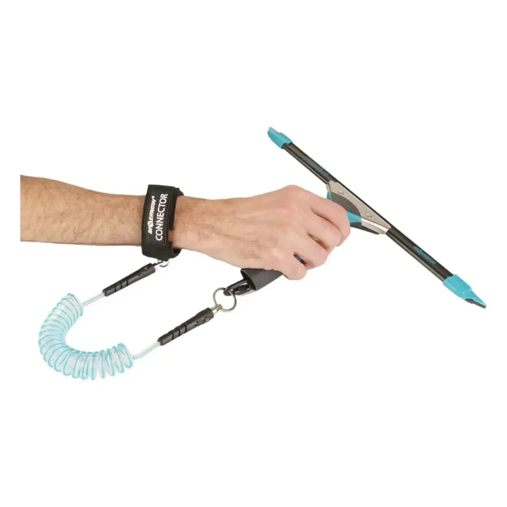 Teal und schwarze surfboard leash mit gewickeltem kordelgriff und connector armband für moerman connector werkzeugsicherung