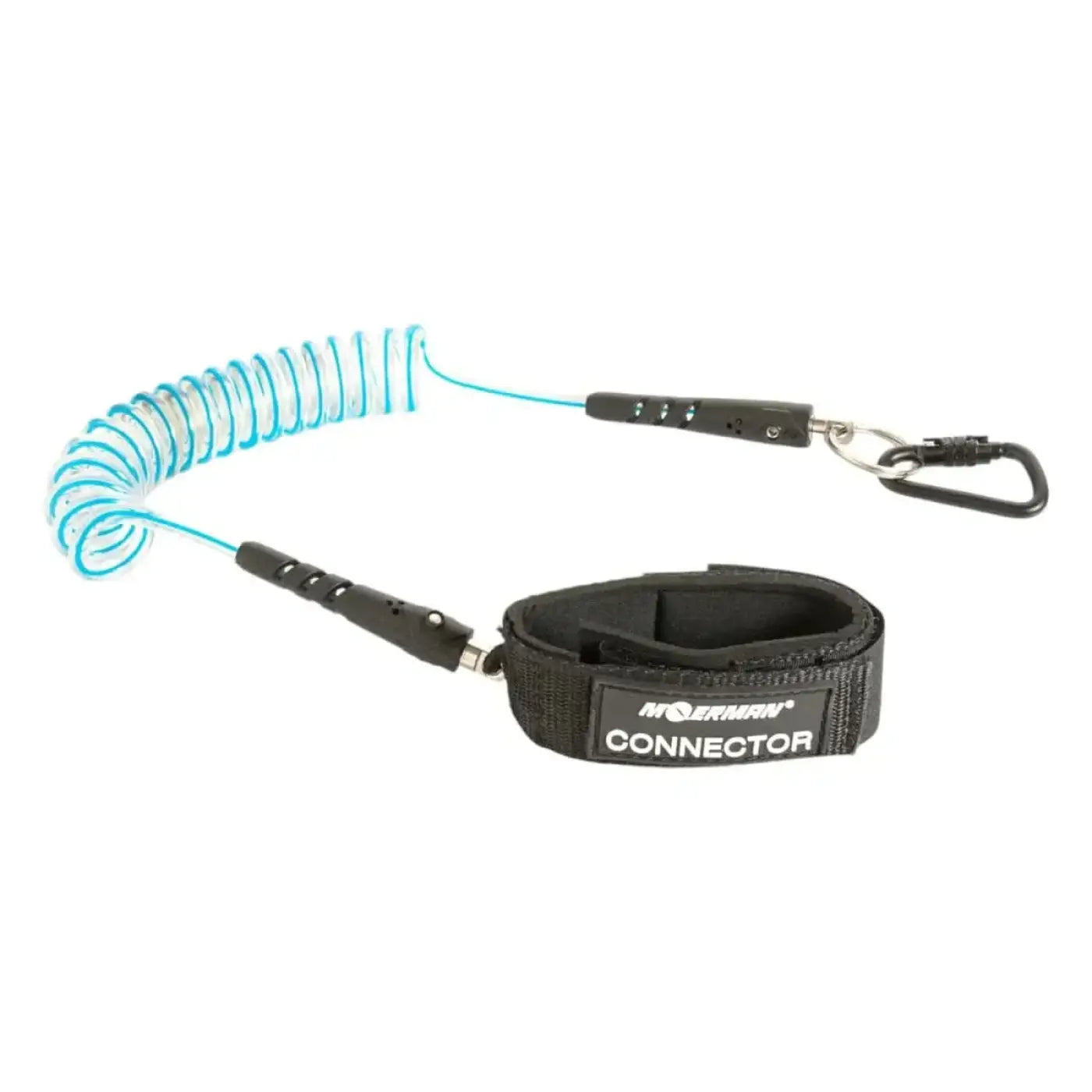 Schwarze moerman connector ankle leash mit türkis coiled kordel und schwarzem karabiner für werkzeugsicherung