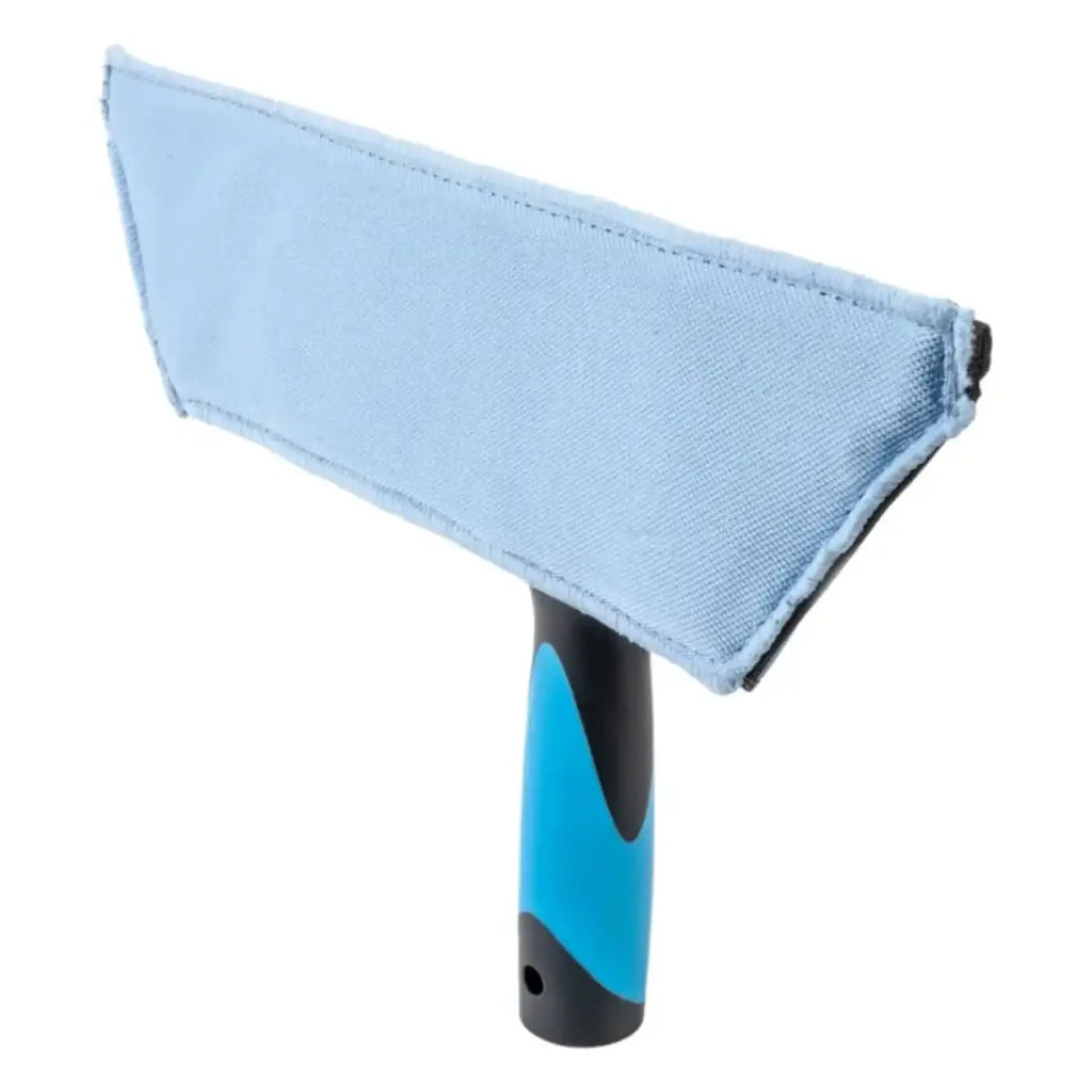 Blauer mikrofasersqueegee mit ergonomischem schwarz-blauem griff für moerman gekko microglass reinigungspad