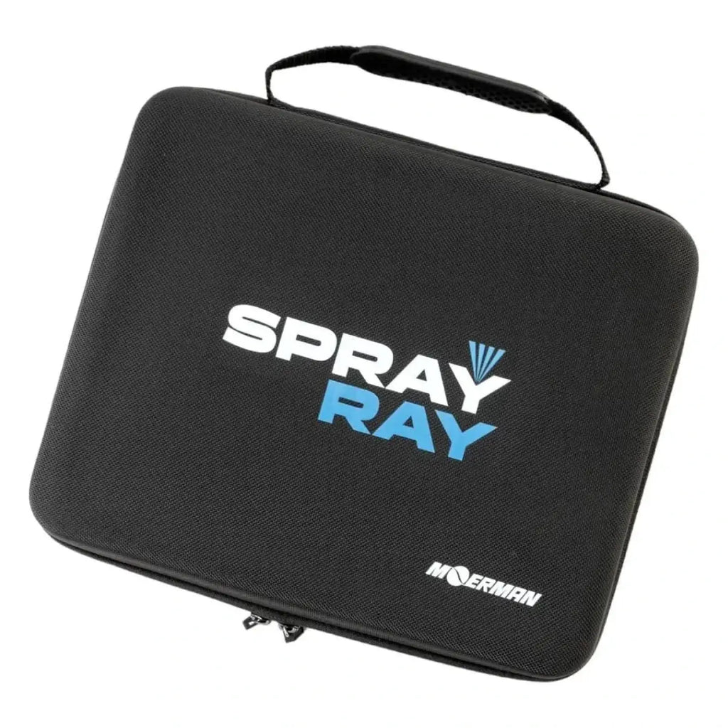 Schwarzer spray-ray hartschalen-tragekoffer mit obergriff und weiß-blauem logo von moerman spray-ray set