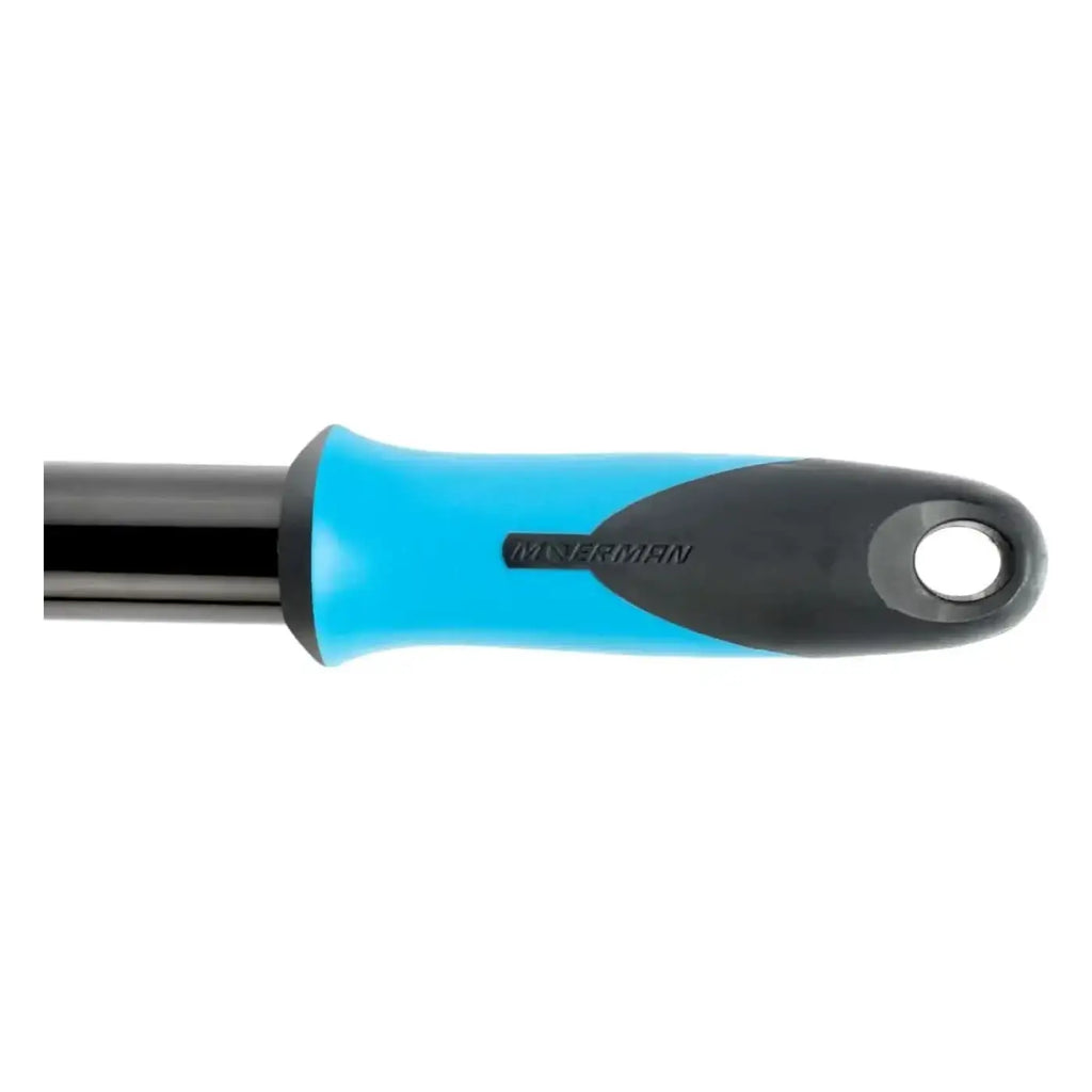 Blau-schwarzer ergonomischer griff mit mattem finish und m-12mm branding am moerman takumi teleskopstange 2,4m