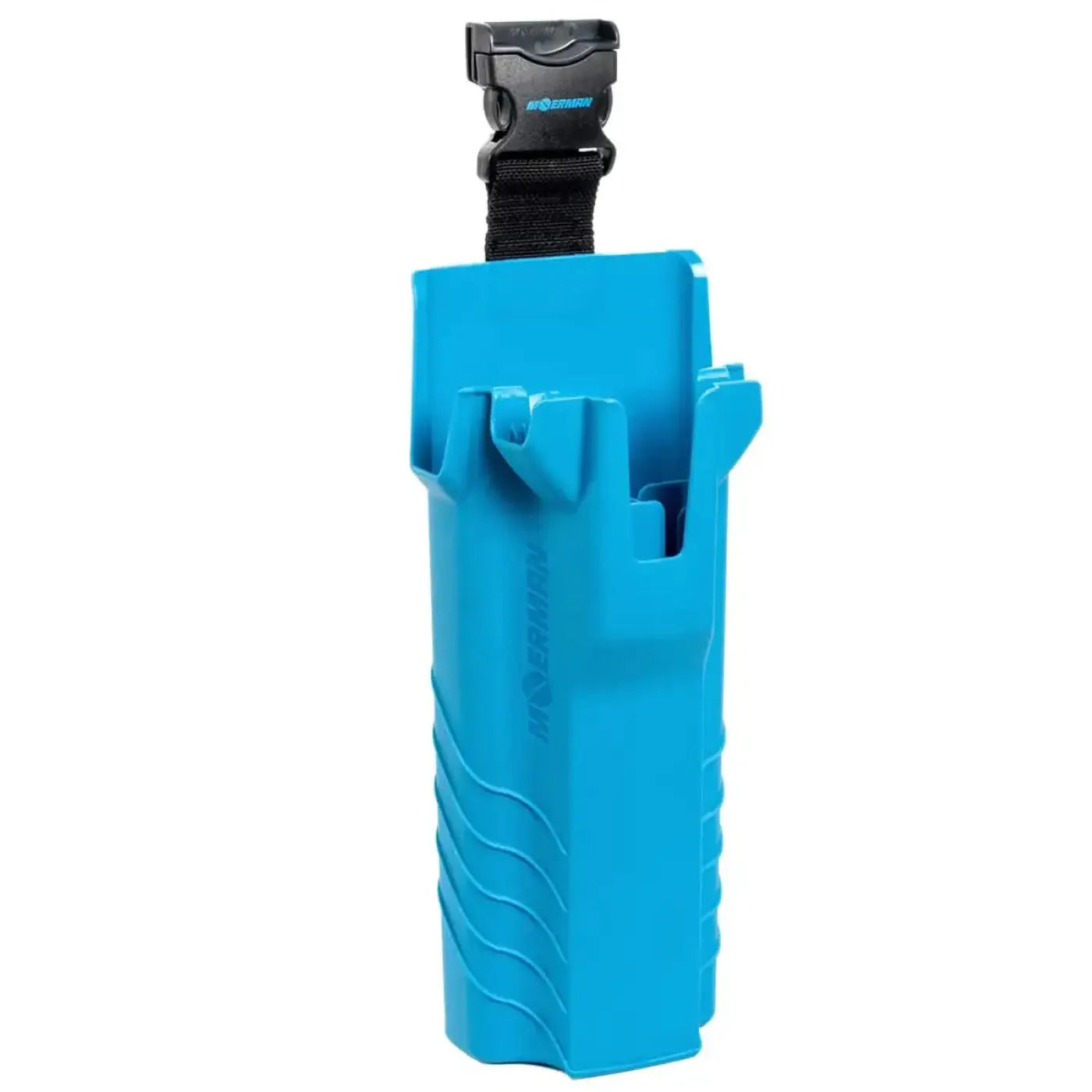 Moerman toolholder 2.0 köcher aus blauem plastik mit schwarzem verstellbarem gurt und schnalle