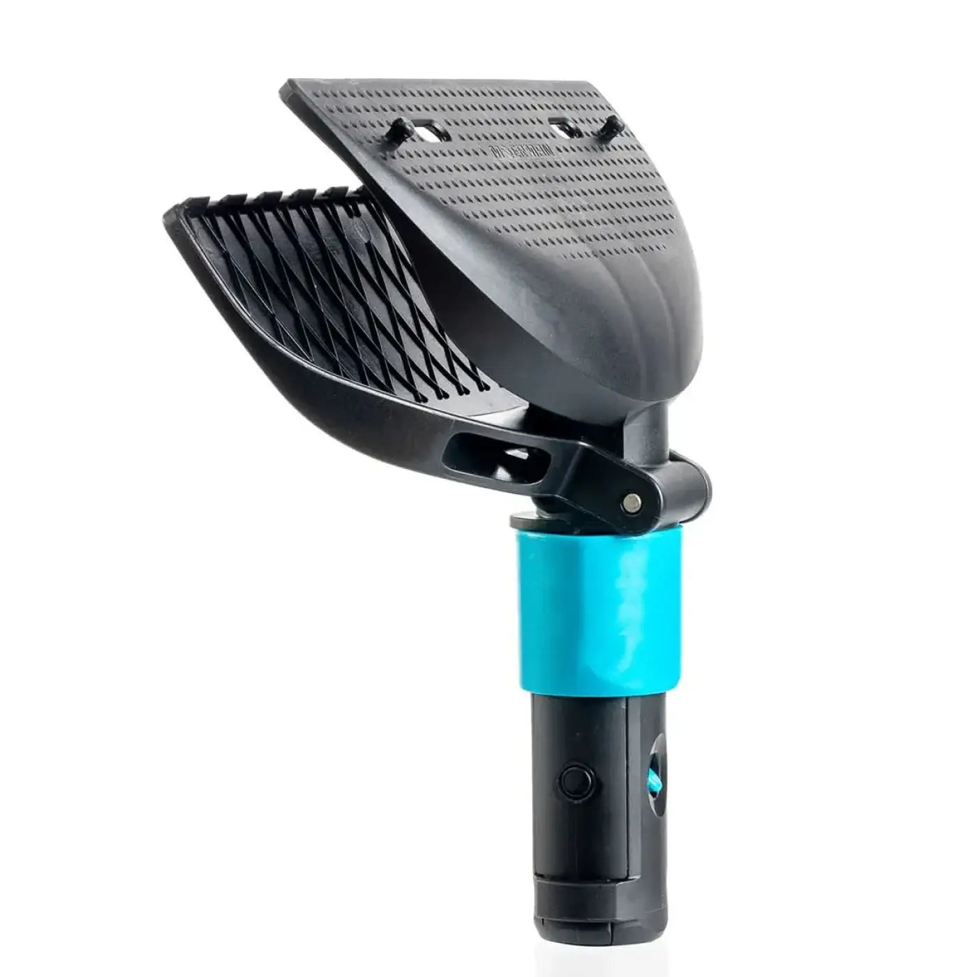 Schwarzes kunststoff-blattgebläseaufsatz mit türkisfarbener akzentband und strukturierte, perforierte blätter von moerman universal klemme