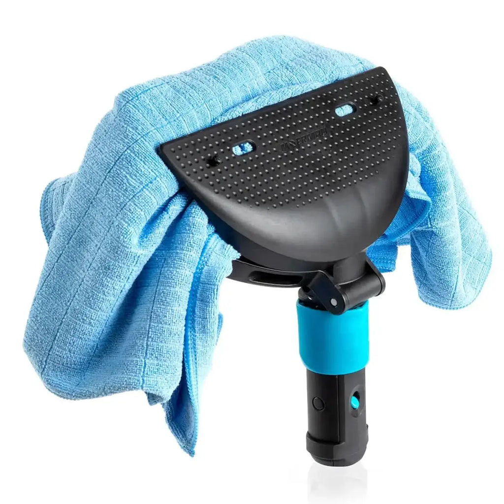 Black und teal moerman universal klemme fensterreinigungswerkzeug mit strukturiertem kopf und blauem mikrofaser tuch