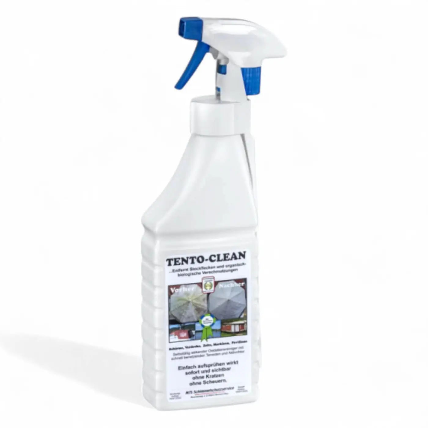 Weiße kunststoff-sprühflasche mit blauem abzug und etikett tento-clean für 1l stockfleckenentferner auf outdoorstoffen