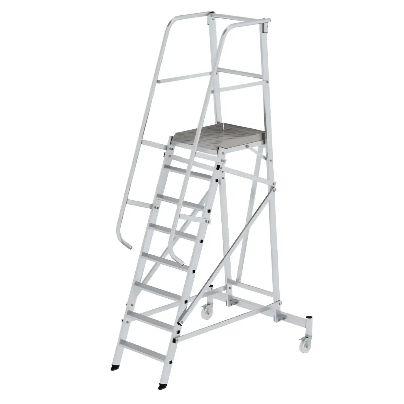 Munk plattformleiter fahrbar mit silberner aluminiumplattform, strukturierter grauer stufe und vier rollen