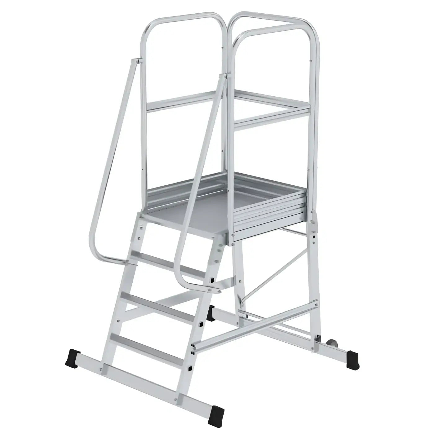 Munk plattformleiter mit rollen silberne aluminiumstufenleiter mit sicherheitsgeländer und schwarzen gummifüßen