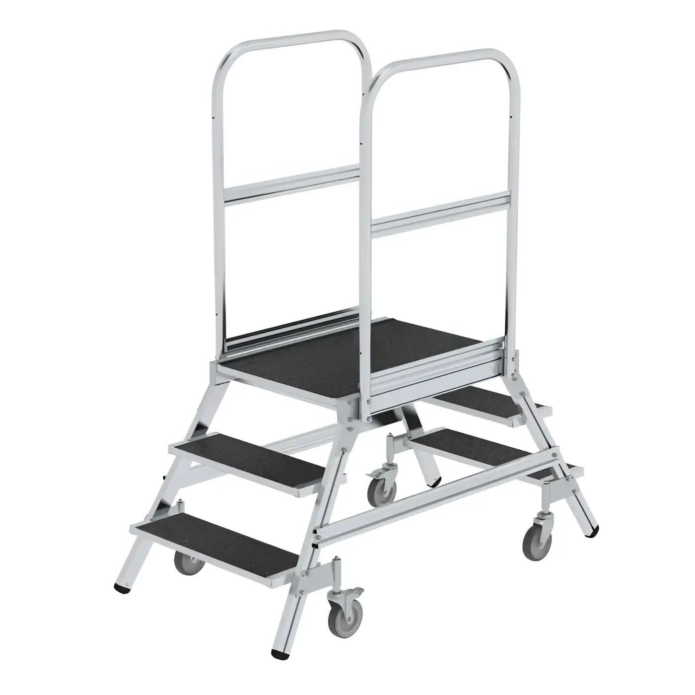 Silberne aluminum podesttreppe beidseitig begehbar mit schwarzen gummierten stufen und federrad korundbeschichtung r13