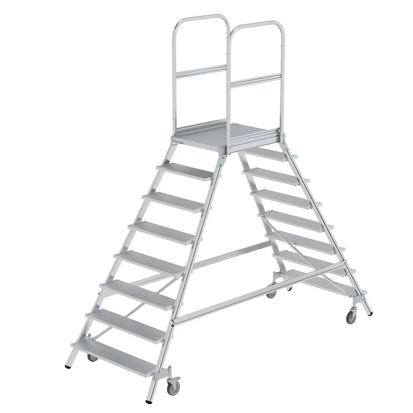 Silberne aluminium a-rahmen leiter mit platform und handläufen für sichere zugänge zu erhöhten arbeitsbereichen