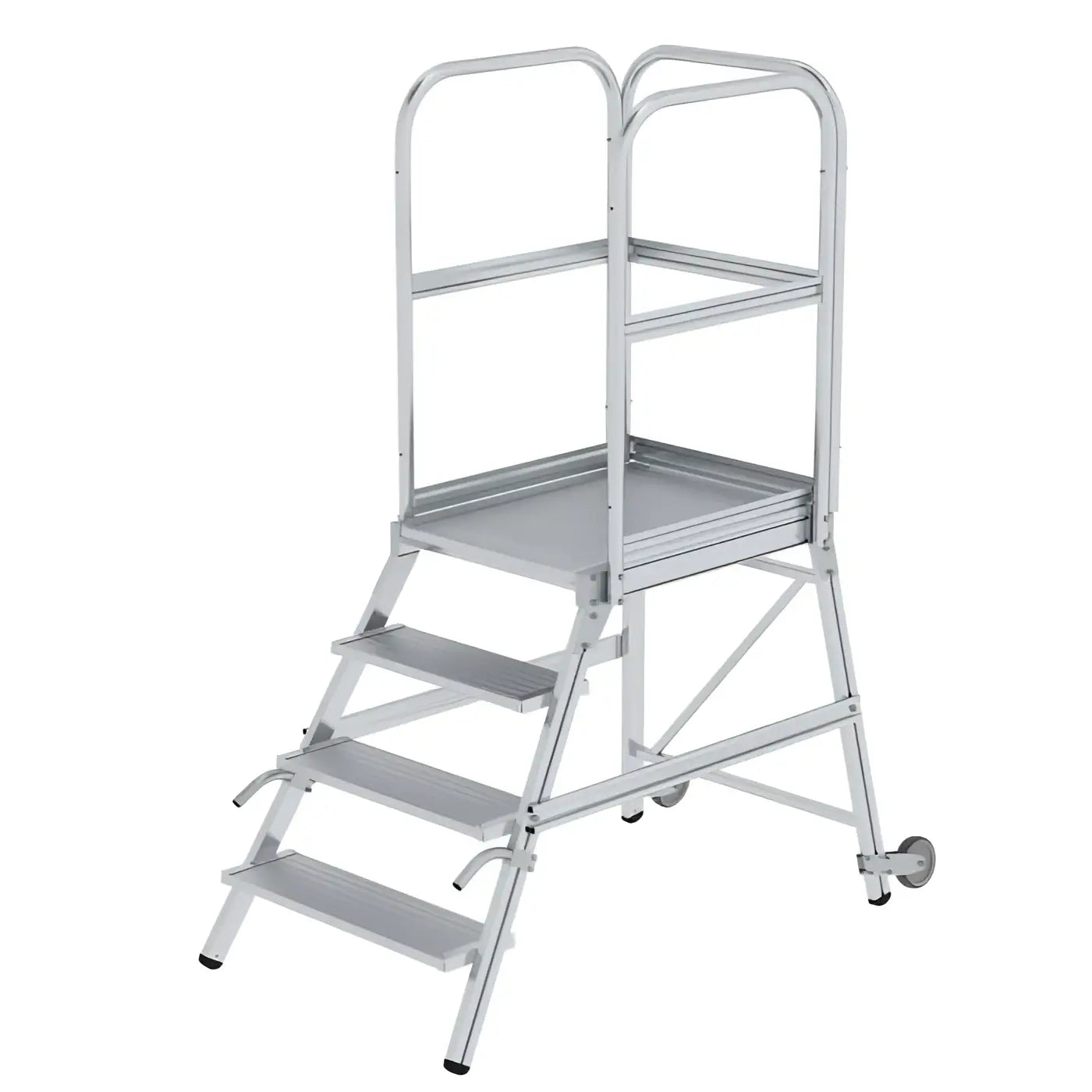 Silberne aluminium podesttreppe mit vier stufen, oberer plattform, handläufen und rollen von munk