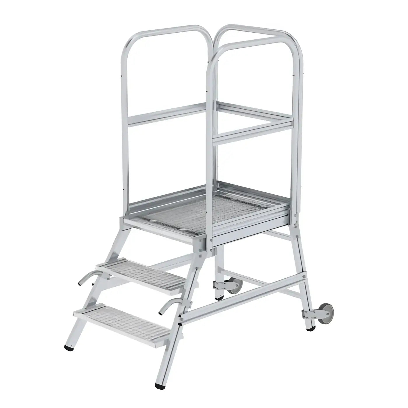 Silberne aluminium podesttreppe munck mit drei stufen, stahl-gitterrost, griffen und rollen für sicheren einstieg
