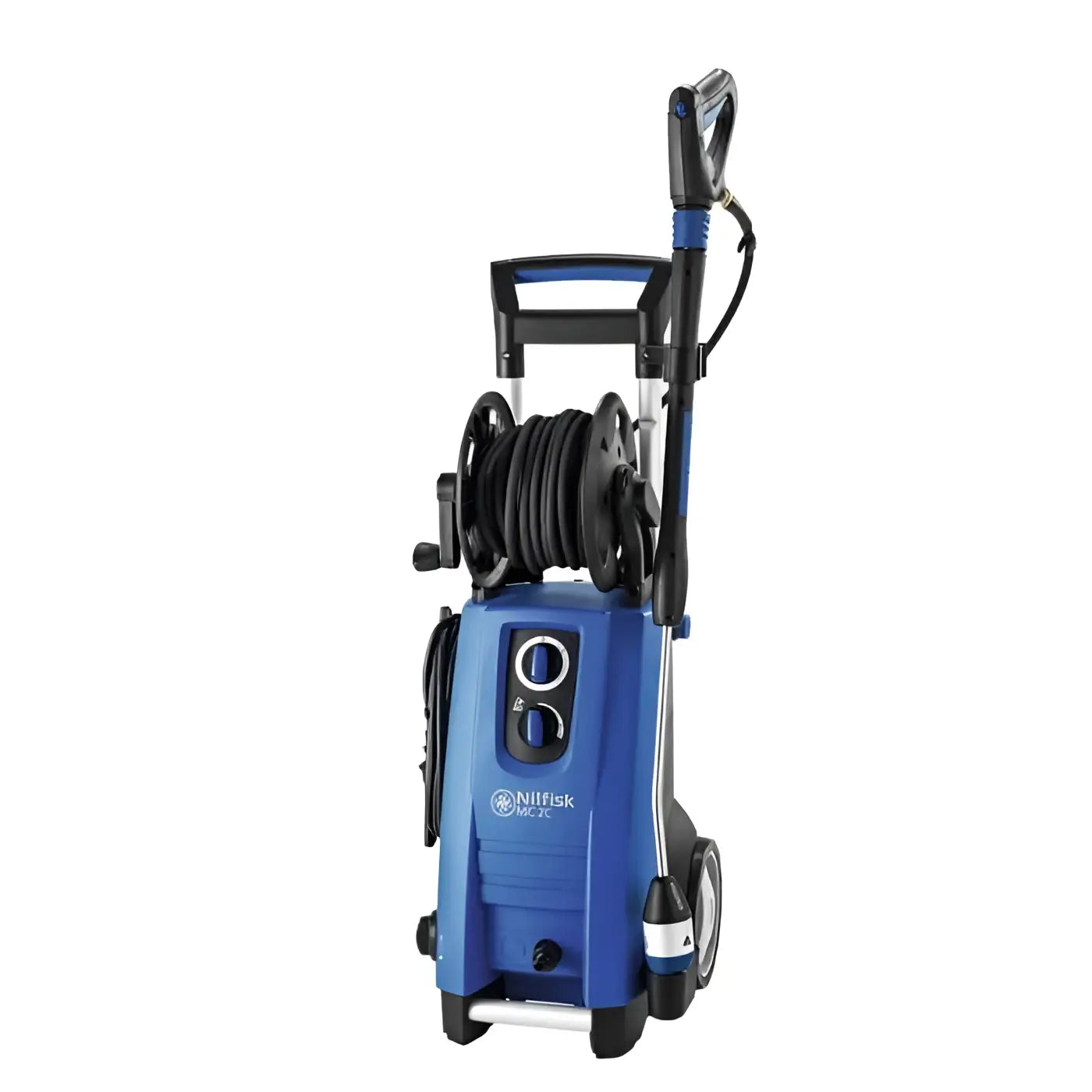 Nilfisk hochdruckreiniger mc 2c-120/520 xt in blau mit schwarzem schlauch und griff für einfache mobilität