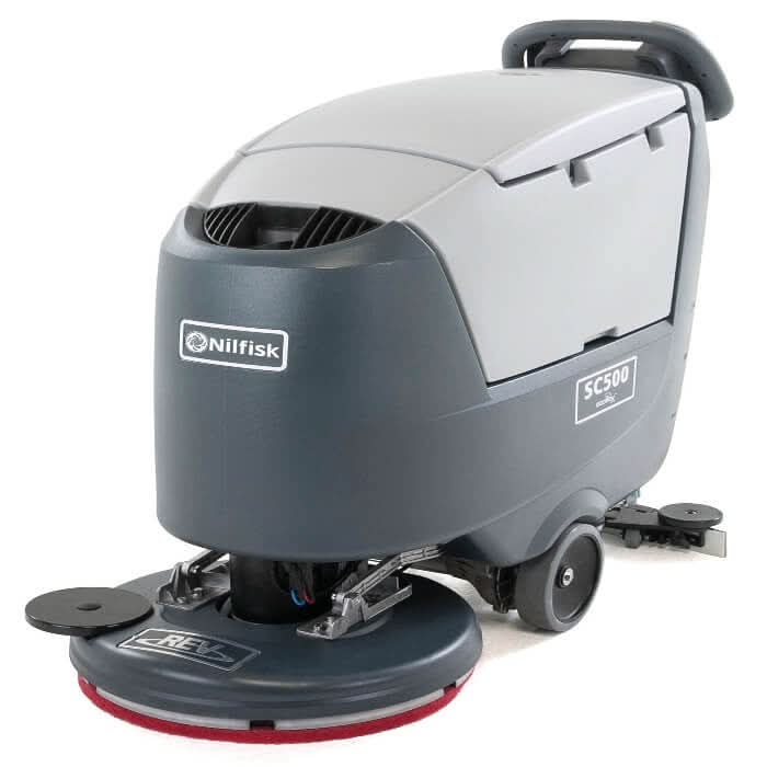 Nilfisk scheuersaugmaschine ba 751 c grauer und schwarzer nilfisk sc500 bodenschrubber mit rotem rundscheuermodul