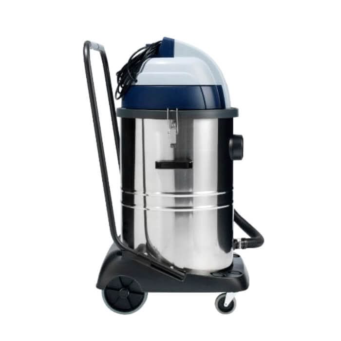 Nilfisk vl100-75 eu go nasssauger trockensauger mit edelstahlzylindrischem gehäuse blau weißer kunststofftopgriff und rädern