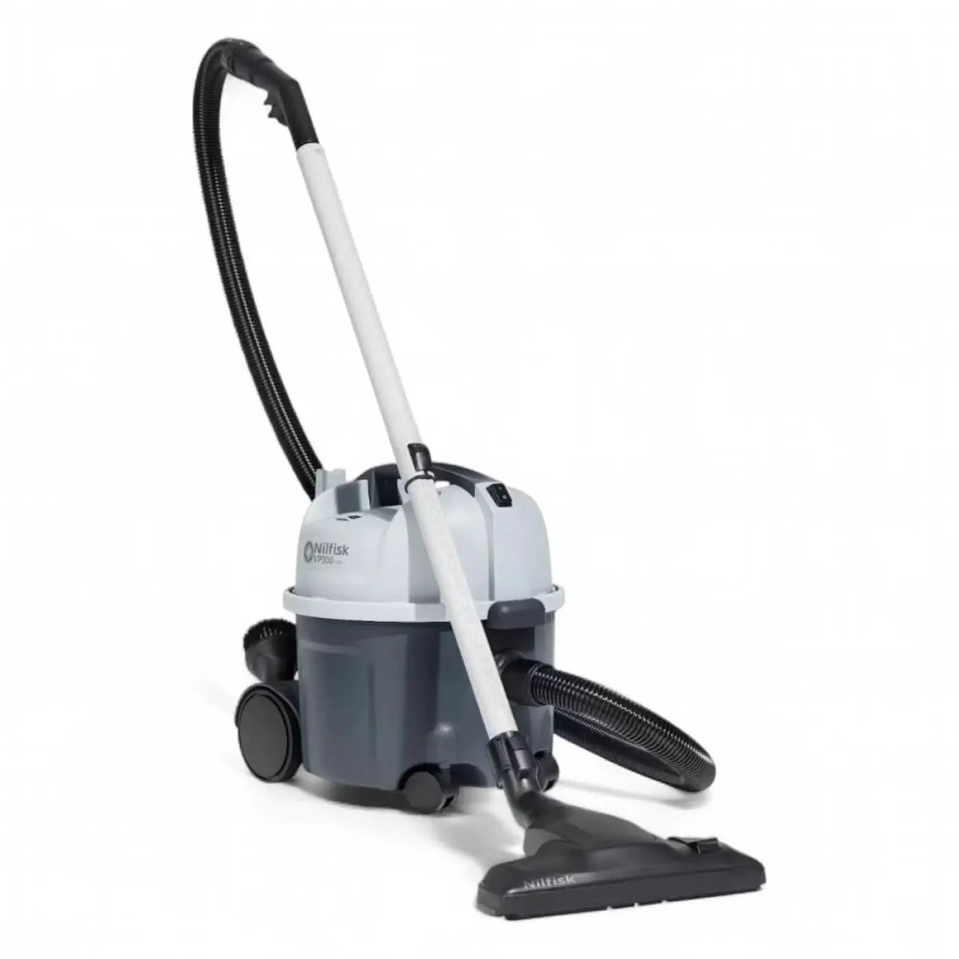 Grau schwarzer nilfisk vp300 eco hepa eu vakuumsauger mit weißem griff und flexiblem schlauch