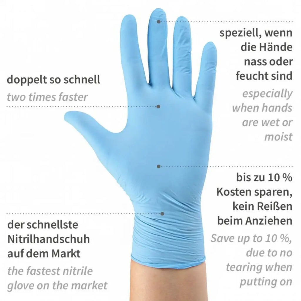 Lichtblaue puderfreie nitrilhandschuhe rapid-on mit glatter, flexibler textur und enger passform, 100 stück