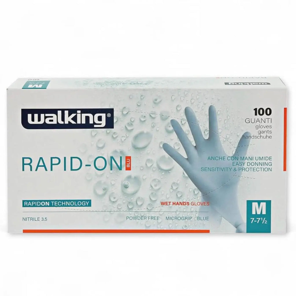 Weißes walking box mit blauen nitrilhandschuhen rapid-on technologie größe m puderfrei 100 stück