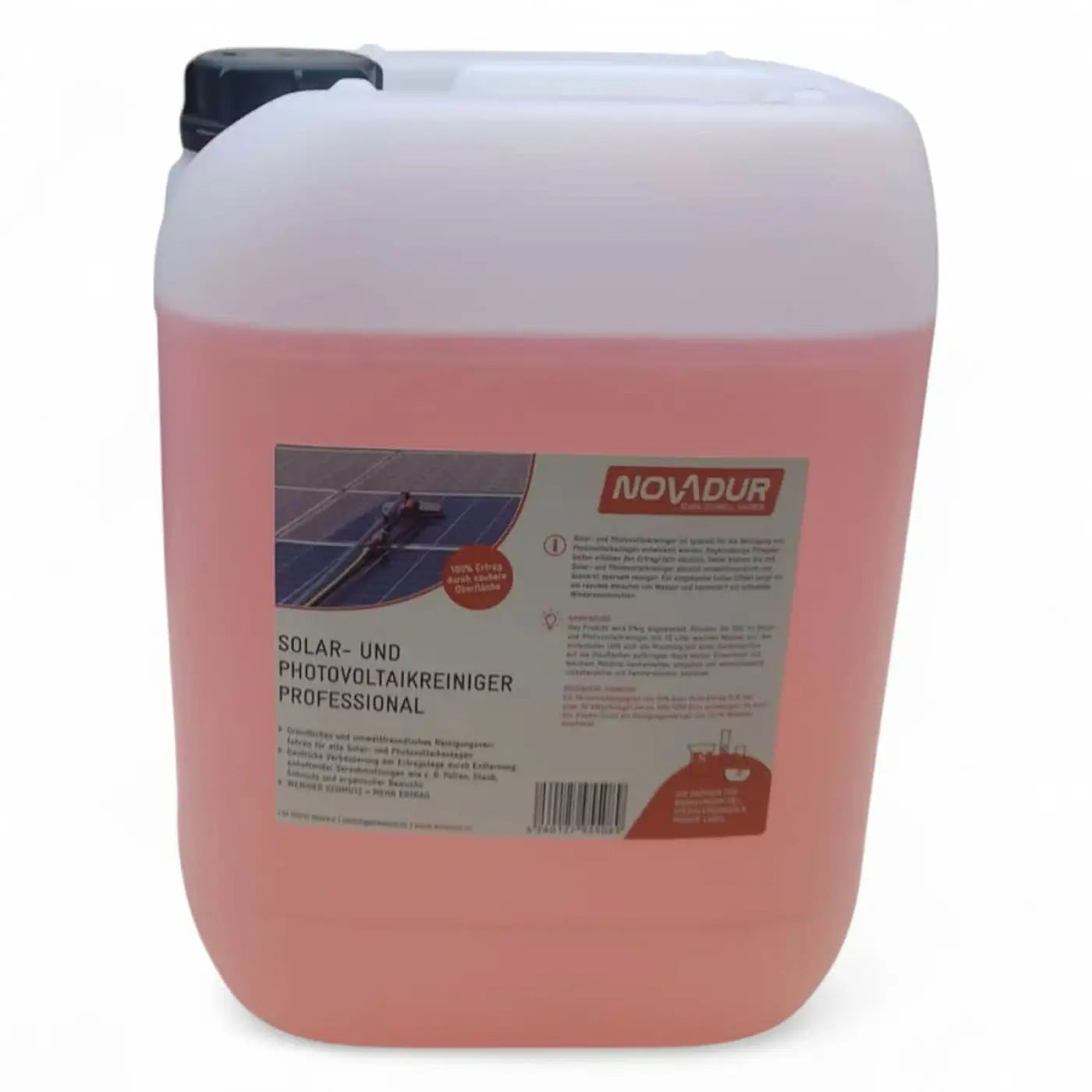 Pinkfarbener kunststoffbehälter mit schwarzem deckel und novadur etikett für solar- und photovoltaikreiniger