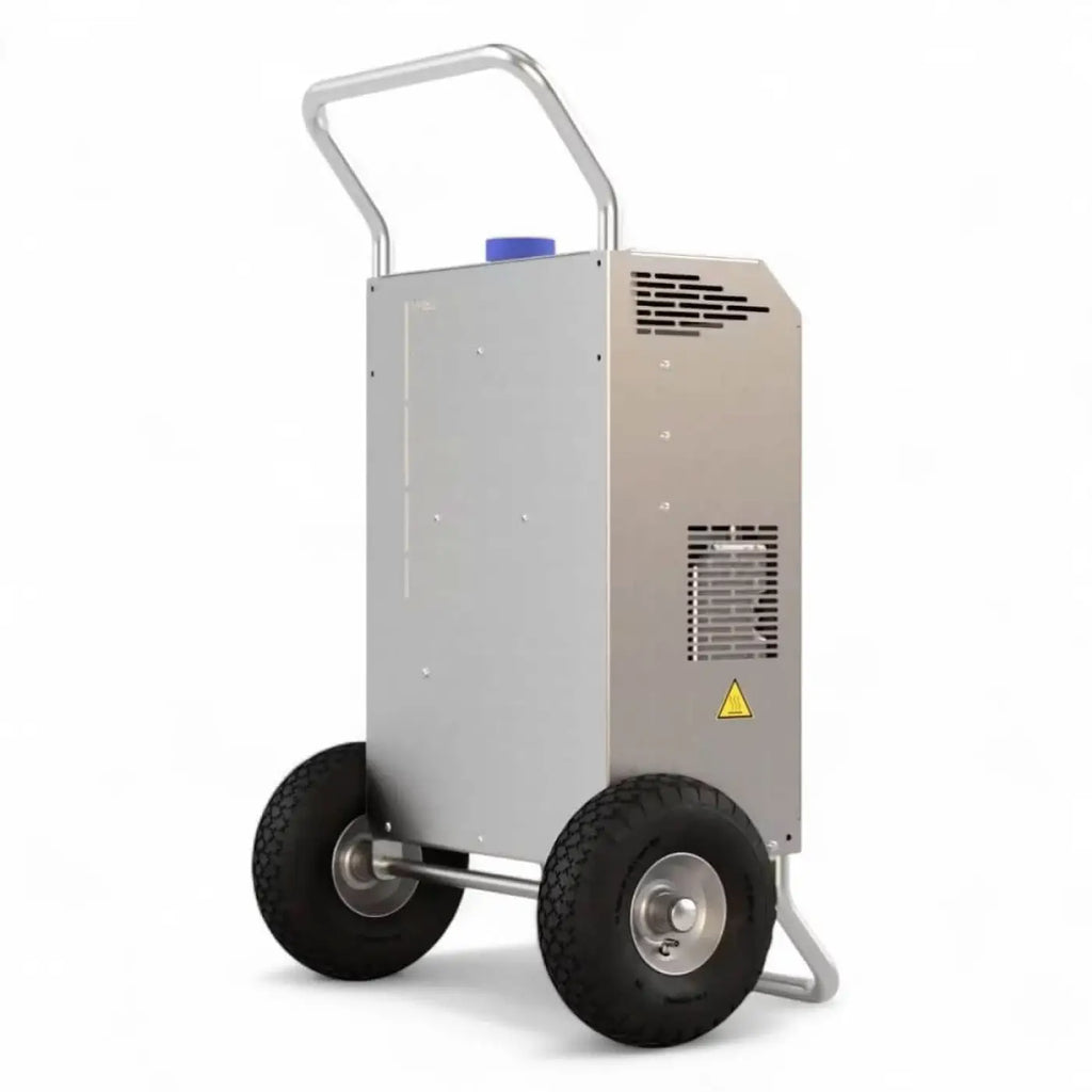 Silberner industrieller luftentfeuchter osmobil hotbox mit schwarzen rädern und blauem deckel für reinwasserheizung