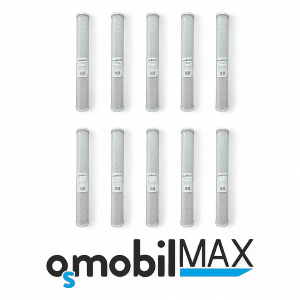 Zehn graue zylinderförmige vorfilterkartuschen mit weißen etiketten für osmobil max osmoseanlage