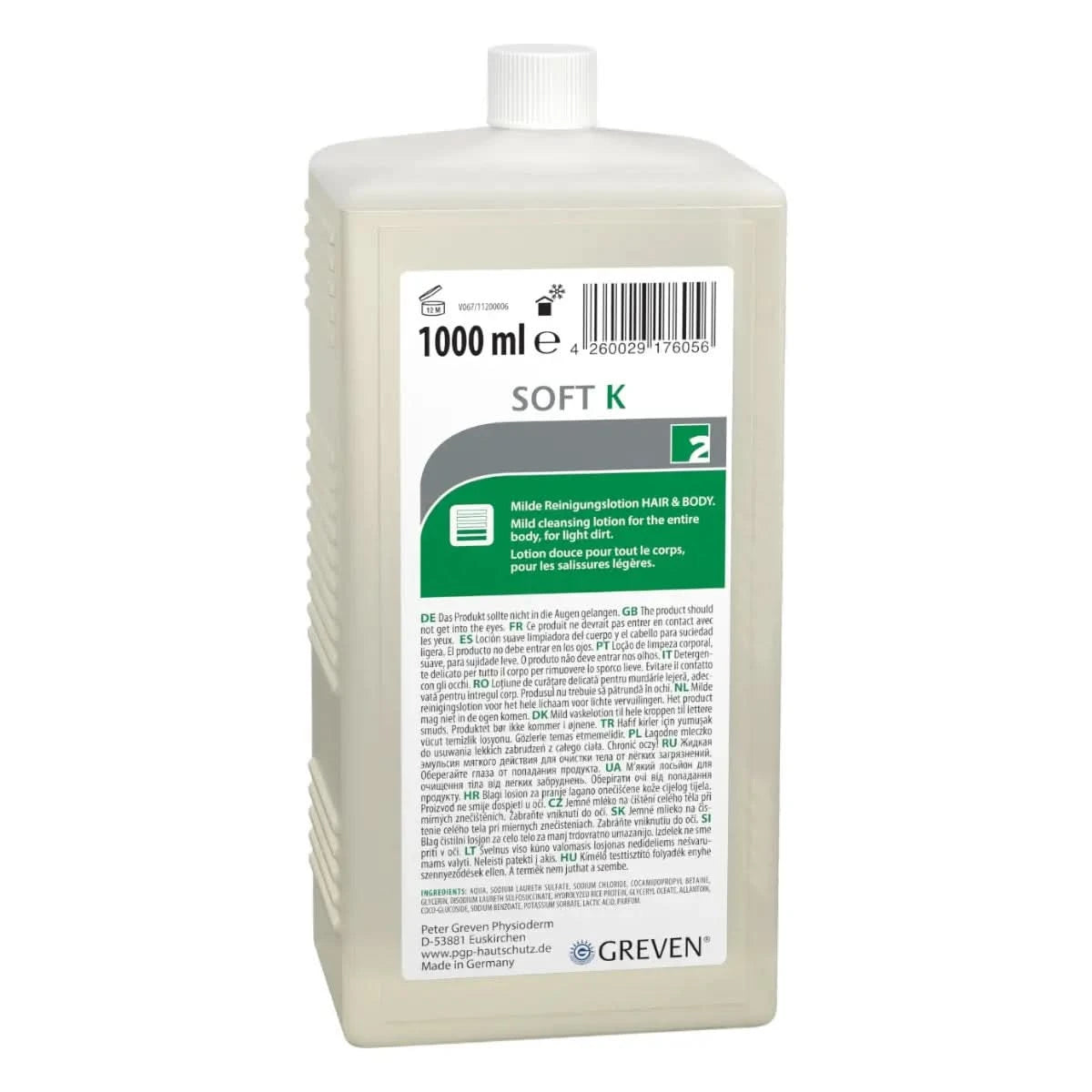 Eine durchscheinende rechteckige kunststoffflasche mit weißem deckel und greven etikett für 1000 ml soft k milde hautreinigungslotion