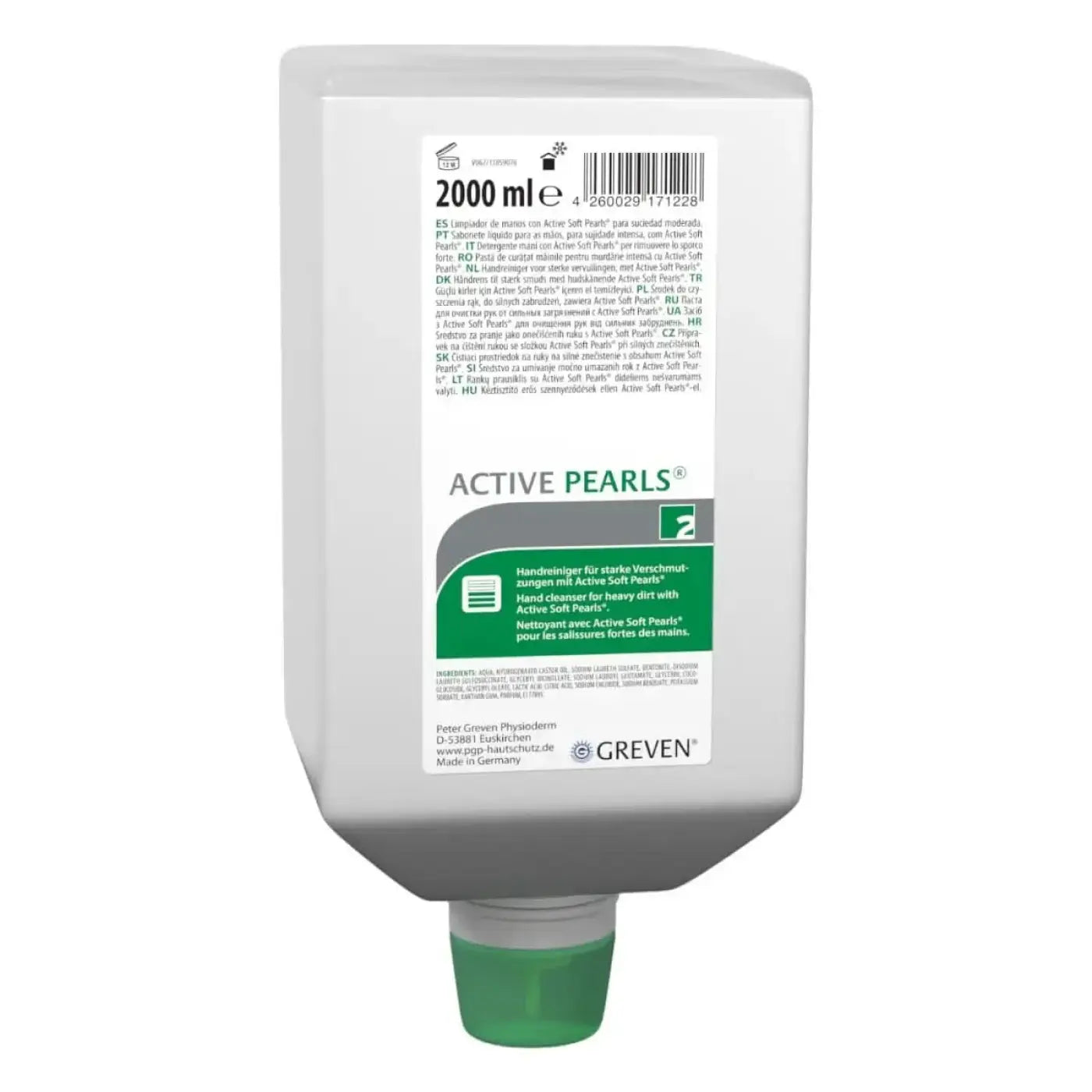 Ein 2000 ml grauer kunststoffflasche mit grünem deckel etikettiert active pearls von Peter GREVEN handreiniger lösemittelfrei