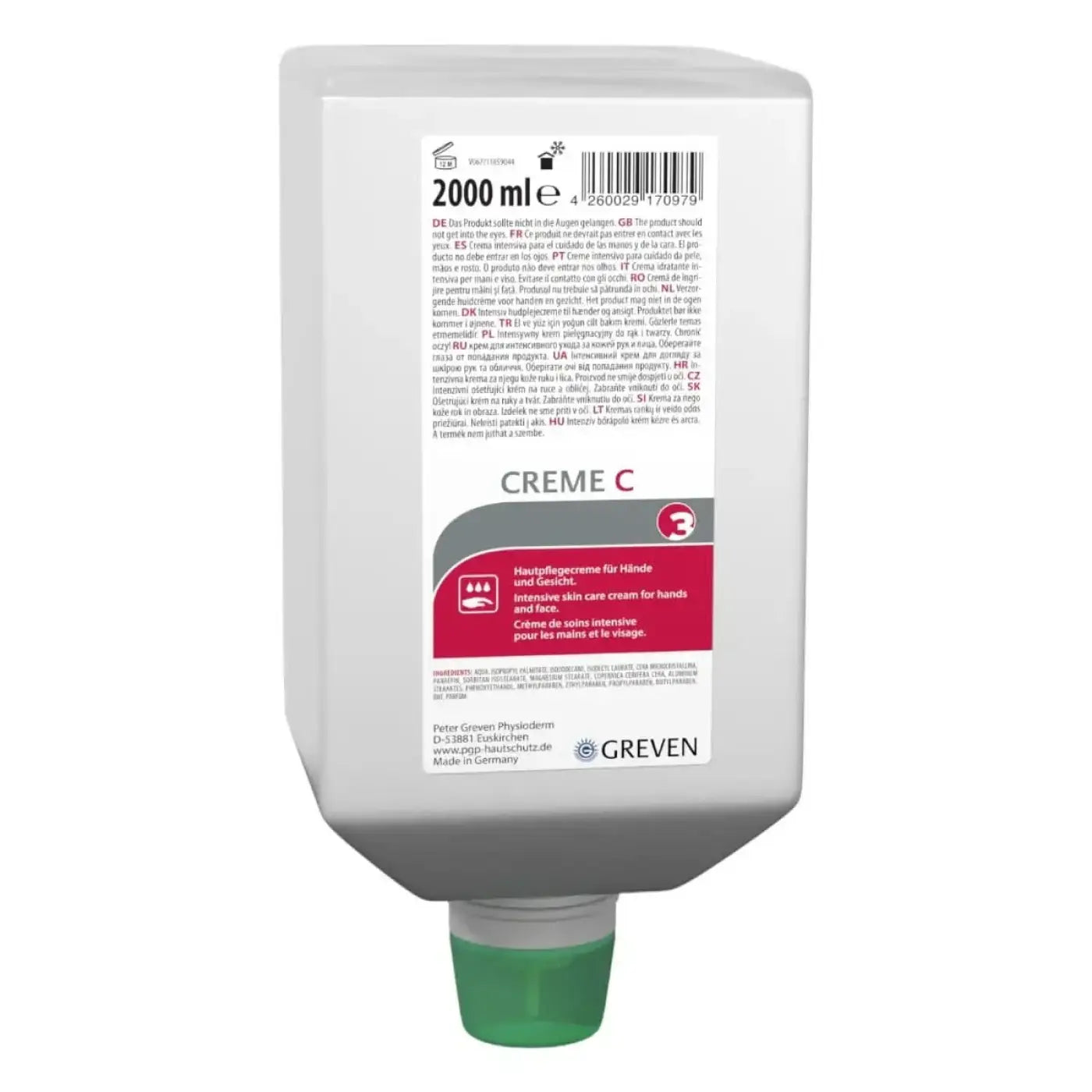 Weiße plastikflasche mit grünem verschluss und etikett creme c von peter greven pflegecreme