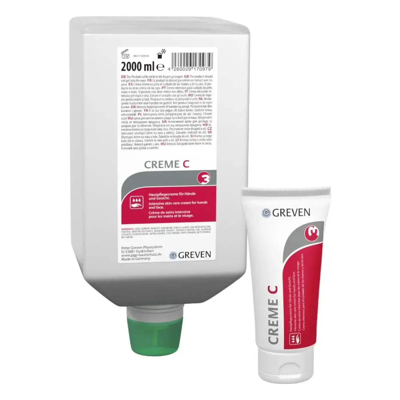 Silber-rote plastiktube der peter greven creme c intensive pflegecreme für hände sichtbar