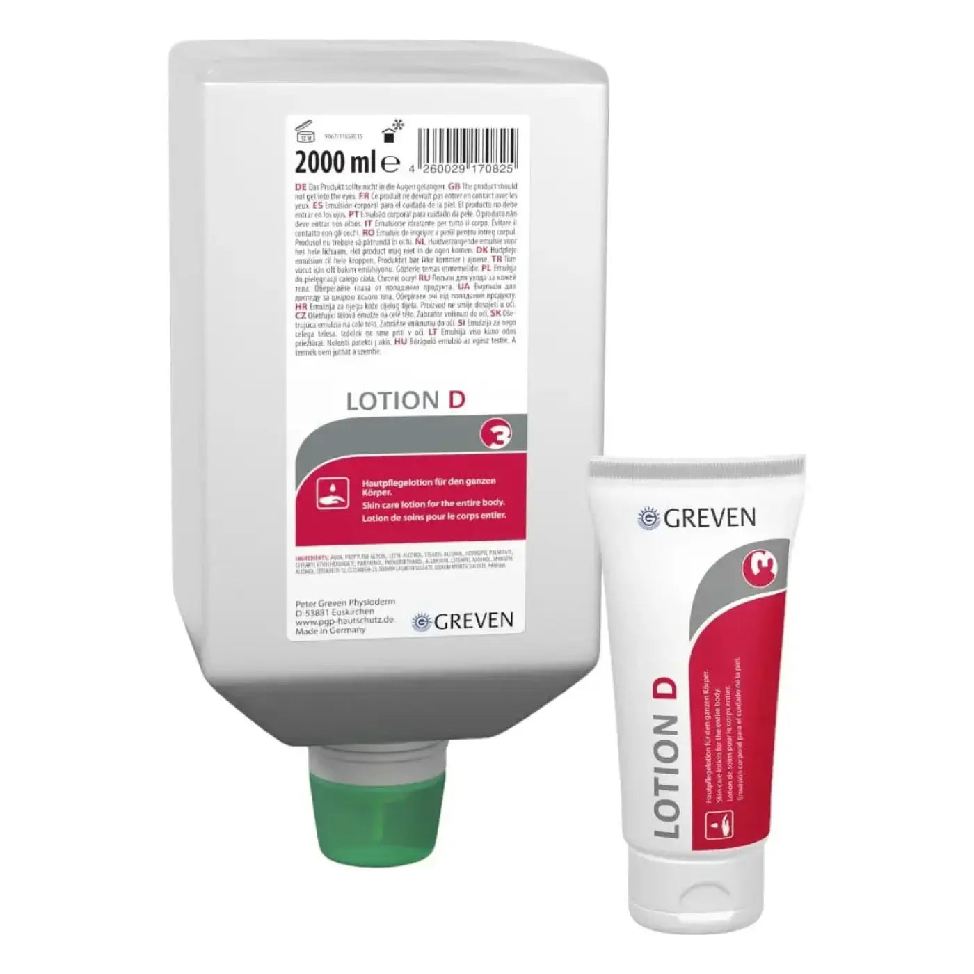 Weiße und rot beschriftete greven peter GREVEN lotion d hautpflege-lotion parfümiert in großer dose mit grünem verschluss und kleiner tube
