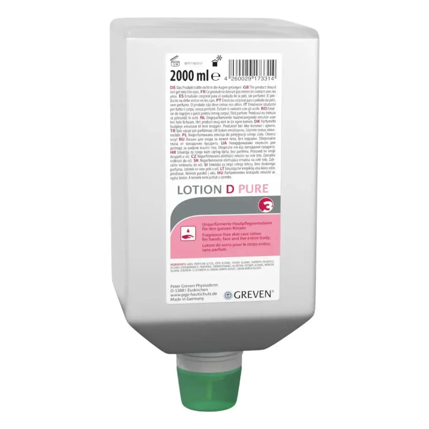 Weißer plastiklotionspender mit grünem deckel und rosa etikett lotion d pure von peter greven unparfümierte pflegelotion