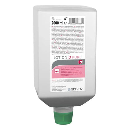 Weißer plastiklotionspender mit grünem deckel und rosa etikett lotion d pure von peter greven unparfümierte pflegelotion