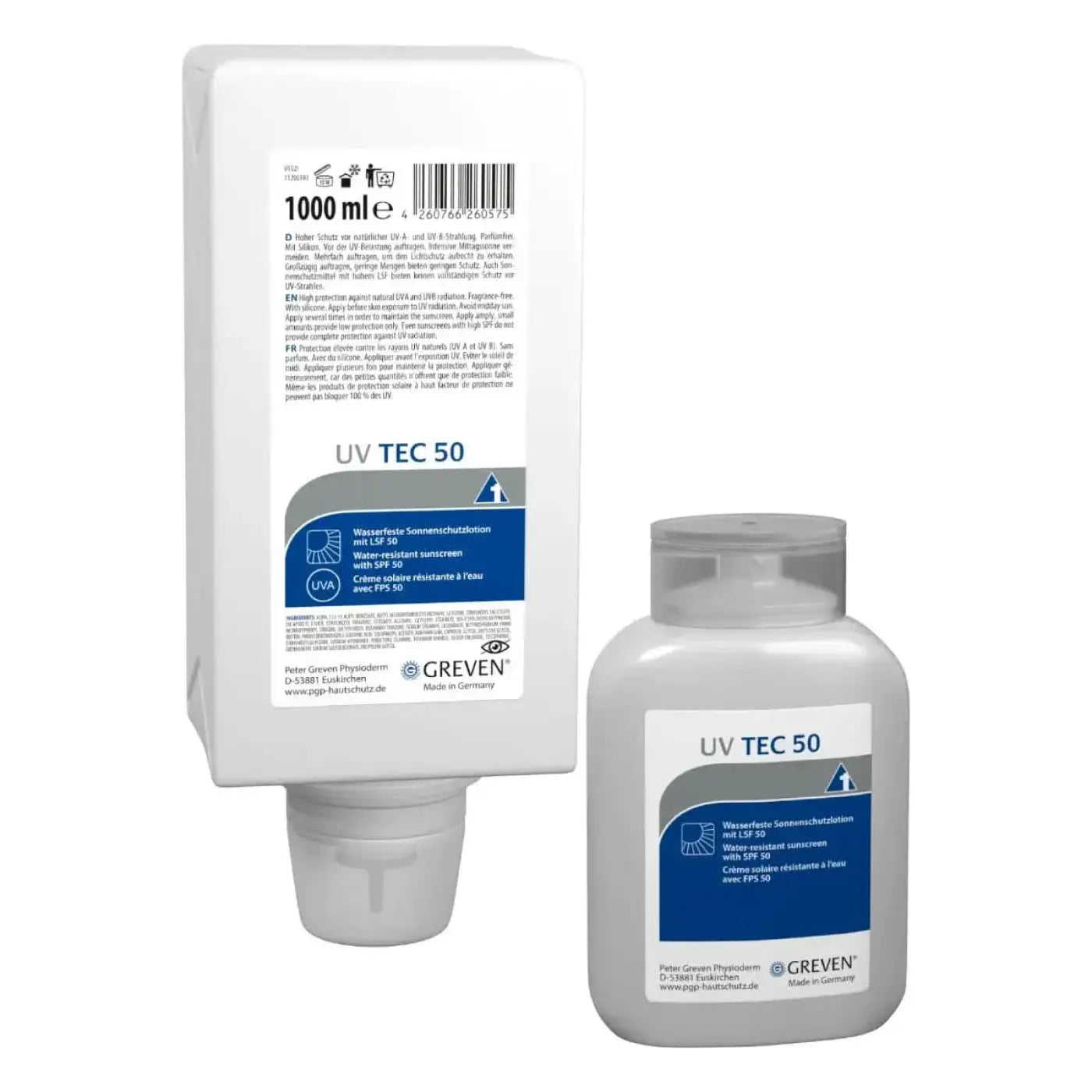 Weiße kunststoffflasche peter GREVEN UV Tec 50 wasserfeste sonnencreme mit blau-grauem etikett