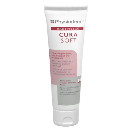 Physioderm cura soft hautpflegecreme in weißer tube mit rosa und grauer etikettierung enthält bisabolol und reisöl für normale bis leicht beanspruchte haut
