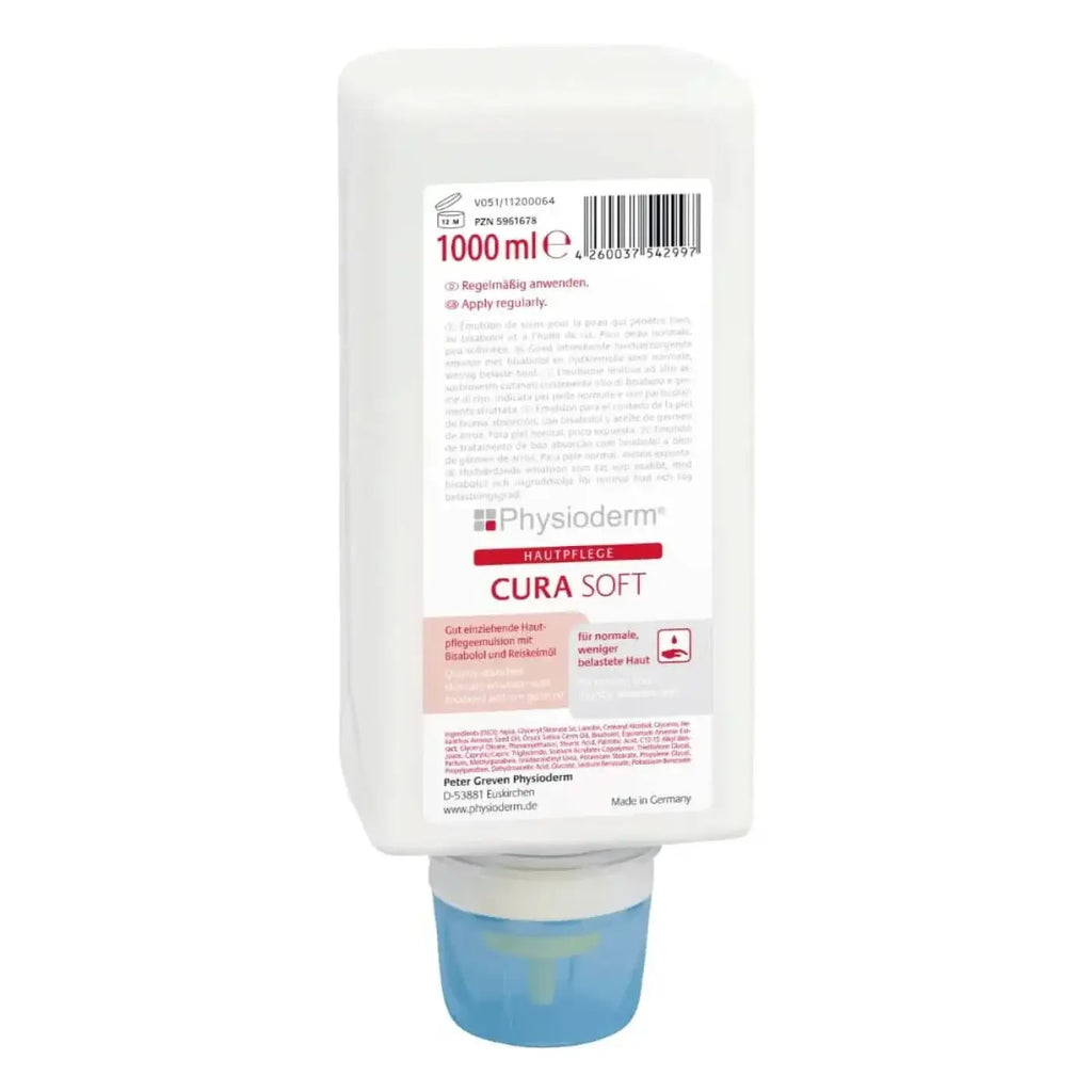 Weiße plastikflasche mit blauem deckel und label physioderm cura soft hautpflegecreme für normale bis empfindliche haut