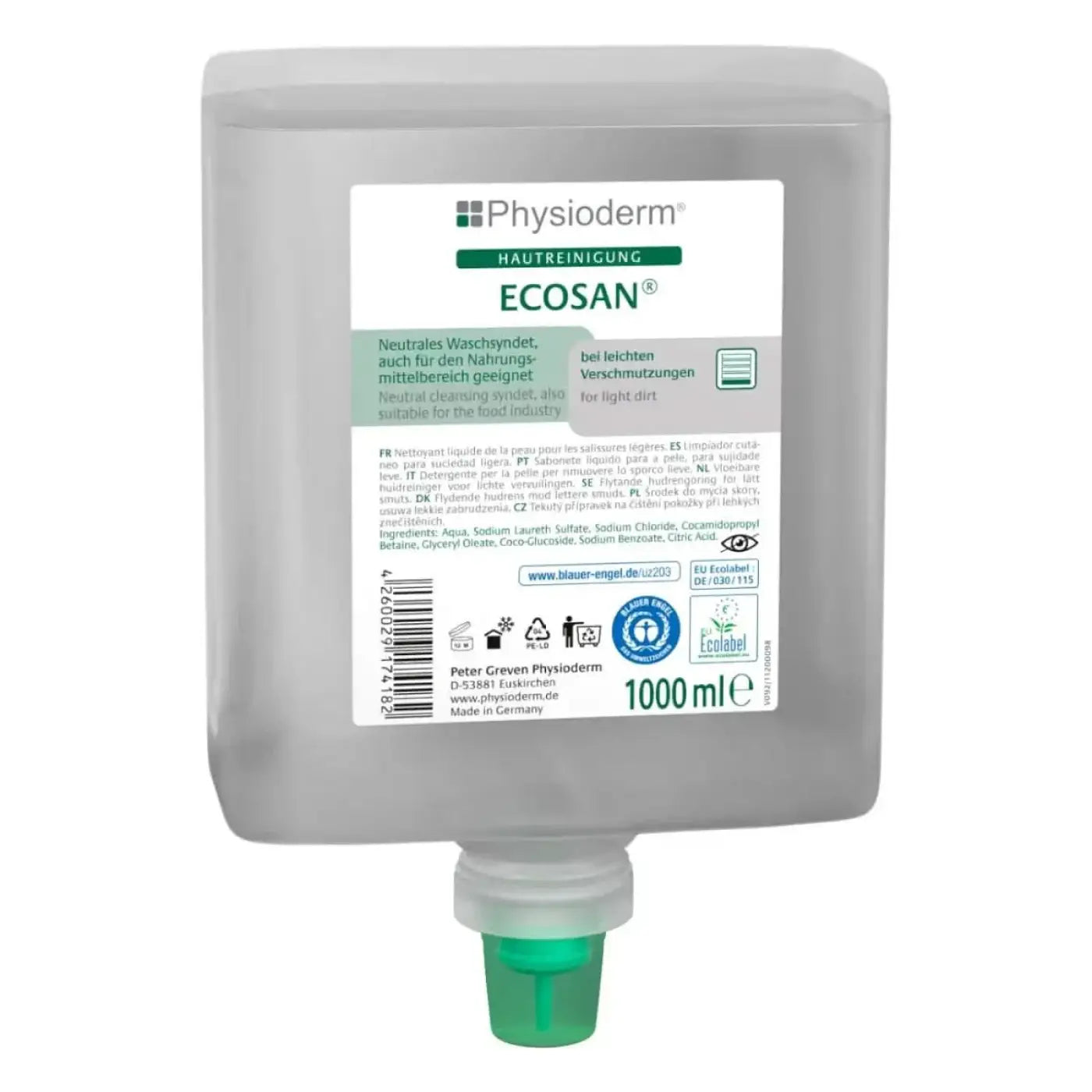 Graue plastikspenderflasche mit grünem deckel und physioderm ecosan etikett für neutrale reinigungslotion