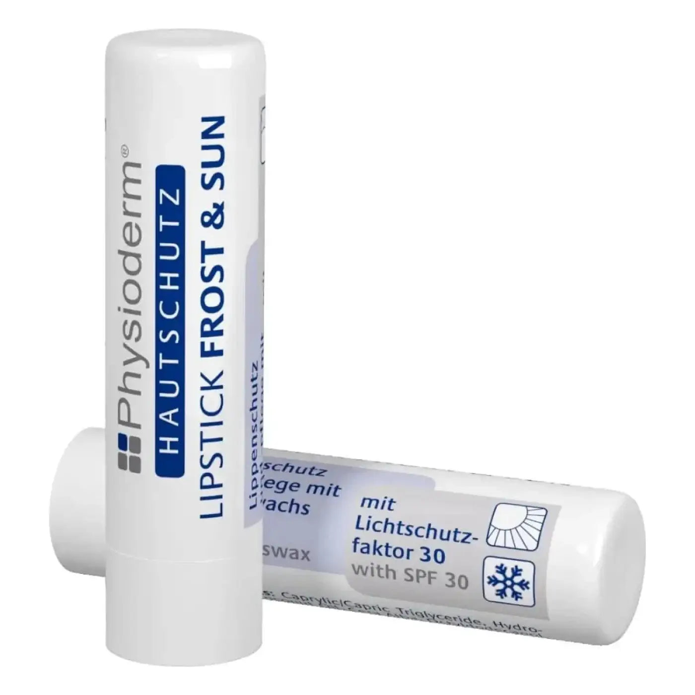 Weißer zylindrischer physioderm lippenbalsam mit blauer und schwarzer beschriftung für frost und sonnenschutz spf 30