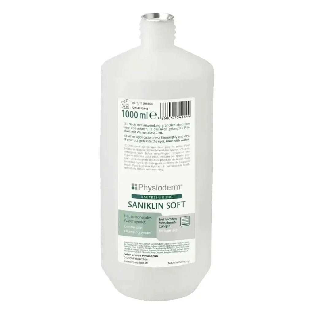 Transparente kunststoffflasche mit silbernem deckel physioderm saniklin soft für sanfte hautreinigung