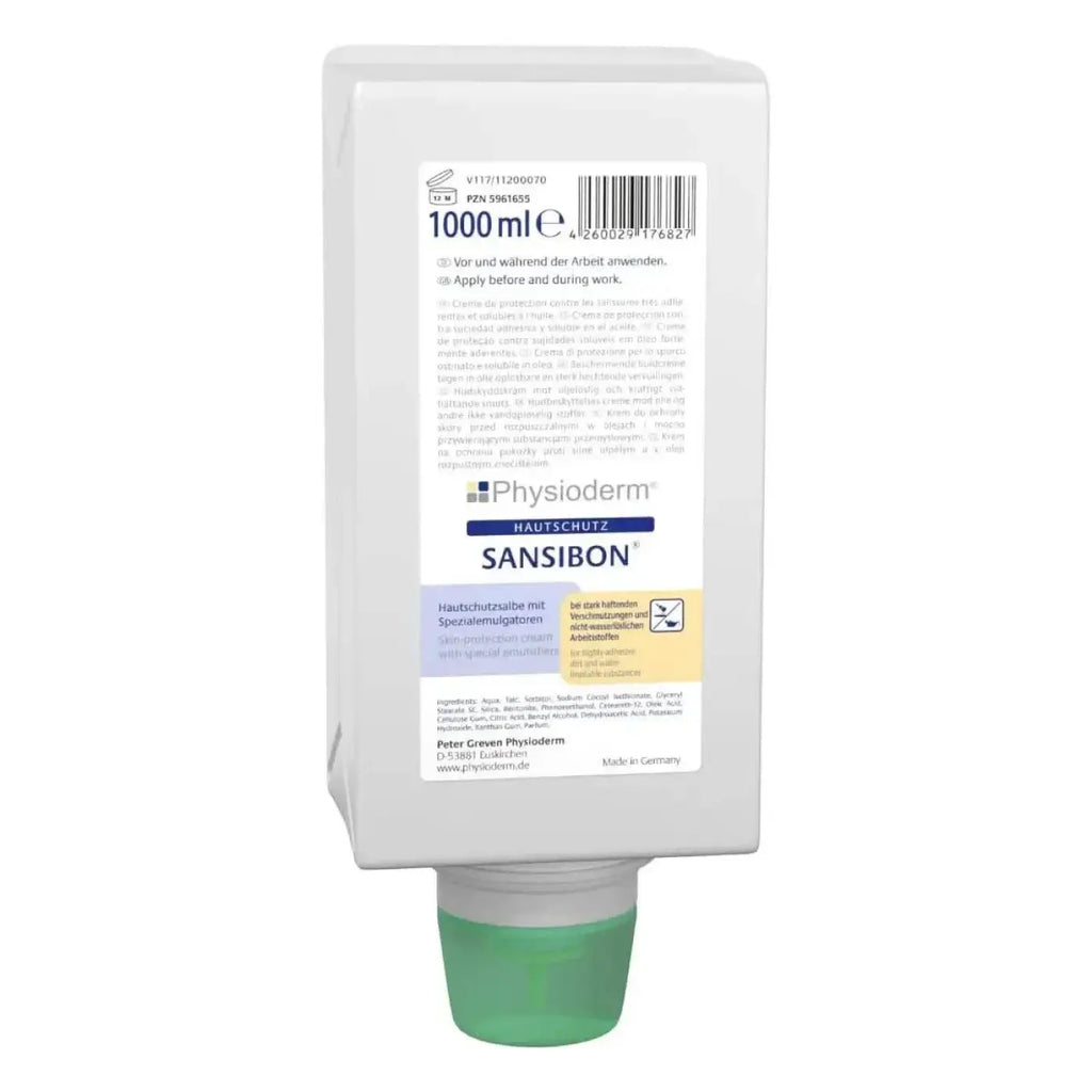 Weiße plastikflasche mit grünem verschluss und etikett physioderm sansibon 1000 ml hautschutzcreme