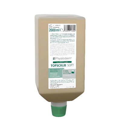 Beige plastikflasche mit grünem deckel und weißem etikett physioderm topscrub soft 2000 ml flüssigseife