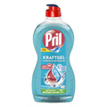Ein durchscheinend blaues pril kraftgel spülmittel mit rotem pumppspender und wassertröpfchen etikett hygienische frische 450ml