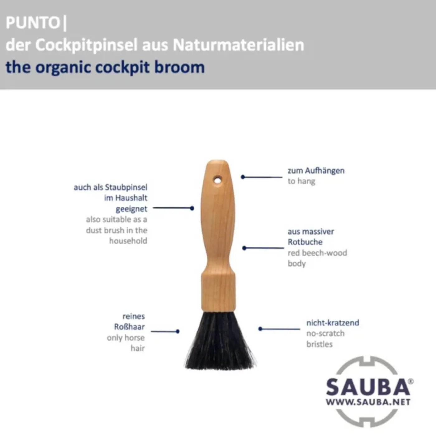 Sauba cockpit-pinsel punto mit naturholzgriff, schwarzer pferdehaarbürste und rotbuchekörper aus organischem material