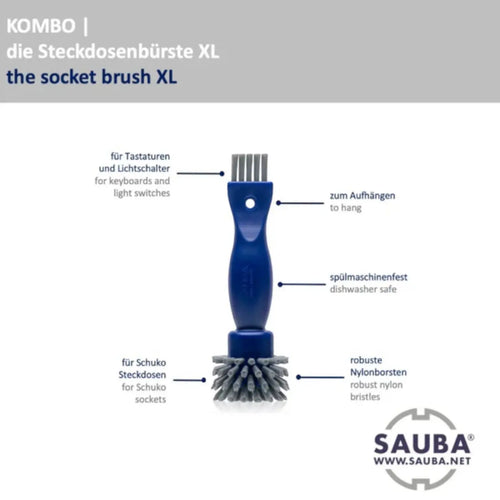 Blaue plastik-steckdosenbürste xl von sauba kombo mit grauen nylonborsten und aufhängeloch