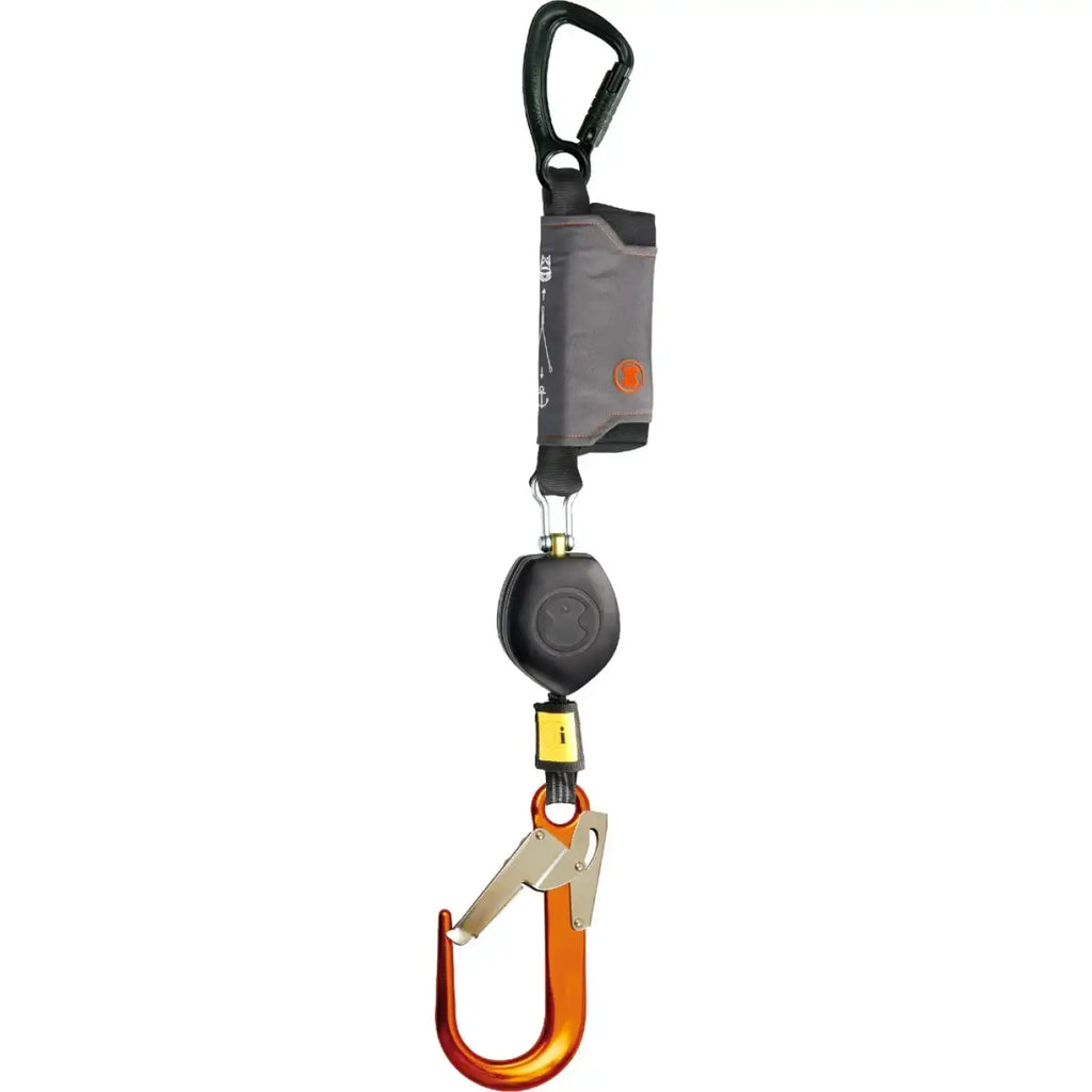 Schwarz orange fall arrest lanyard mit retractable mechanism metallkarabinerhaken und grauem gehäuse skylotec peanut i
