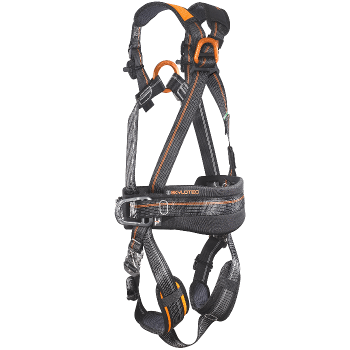 Schwarzer und oranger skilotec klettergurt skylotec ignite trion mit verstärkten webbing riemen