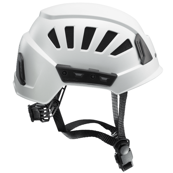 Weißer skylotec inceptor grx schutzhelm mit schwarzen belüftungsöffnungen und verstellbaren riemen